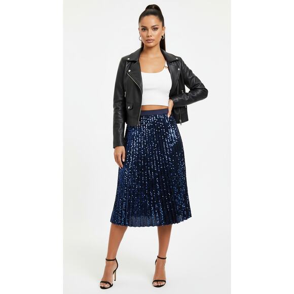 Guess Pleated Sequin Midi Skirt Blue 27 / US 4 | Holiday Glam - Picture 2 of 8